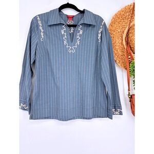 Sundance Embroidered Tunic Top Striped Long Sleeve Bohemian Cotton Blouse Size M